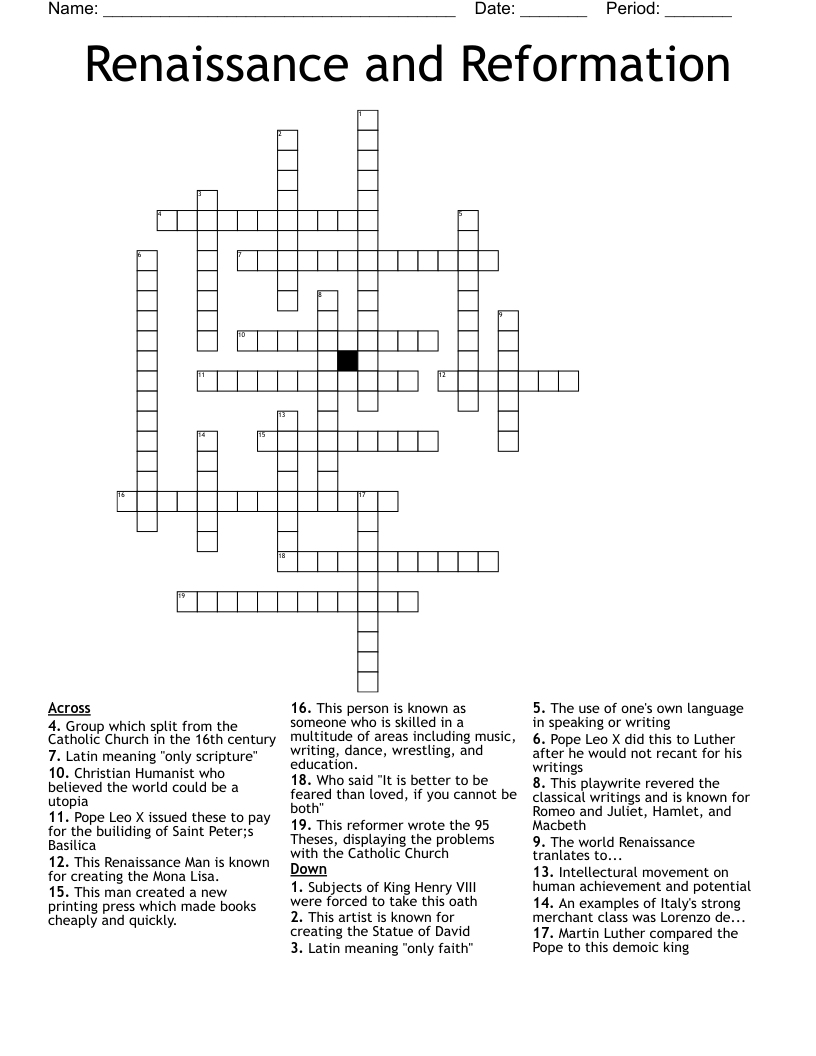Renaissance and Reformation Crossword