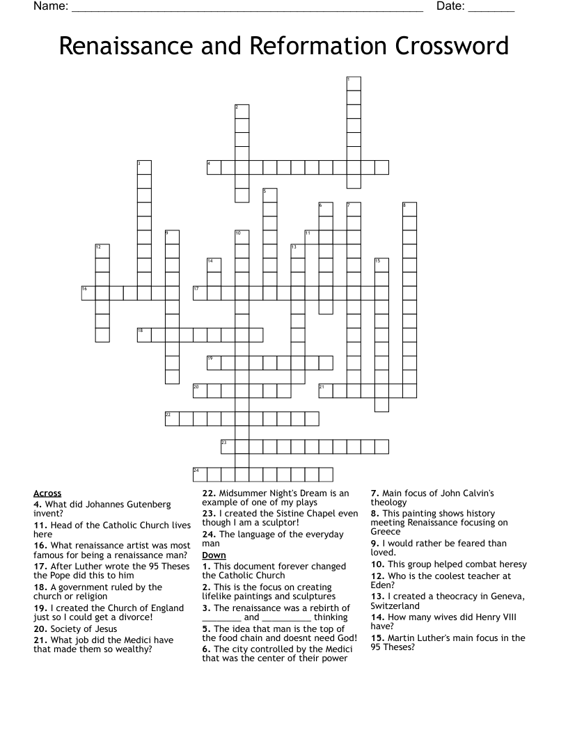 Renaissance and Reformation Crossword
