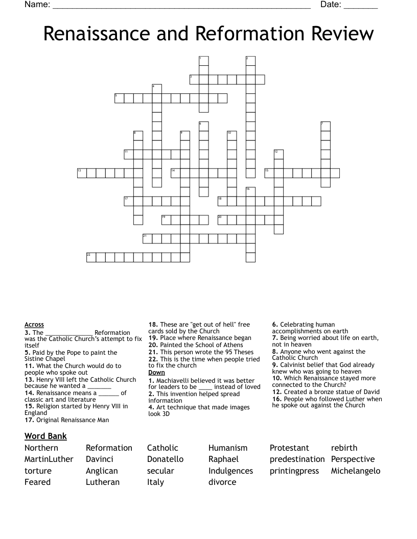 Renaissance and Reformation Review Crossword