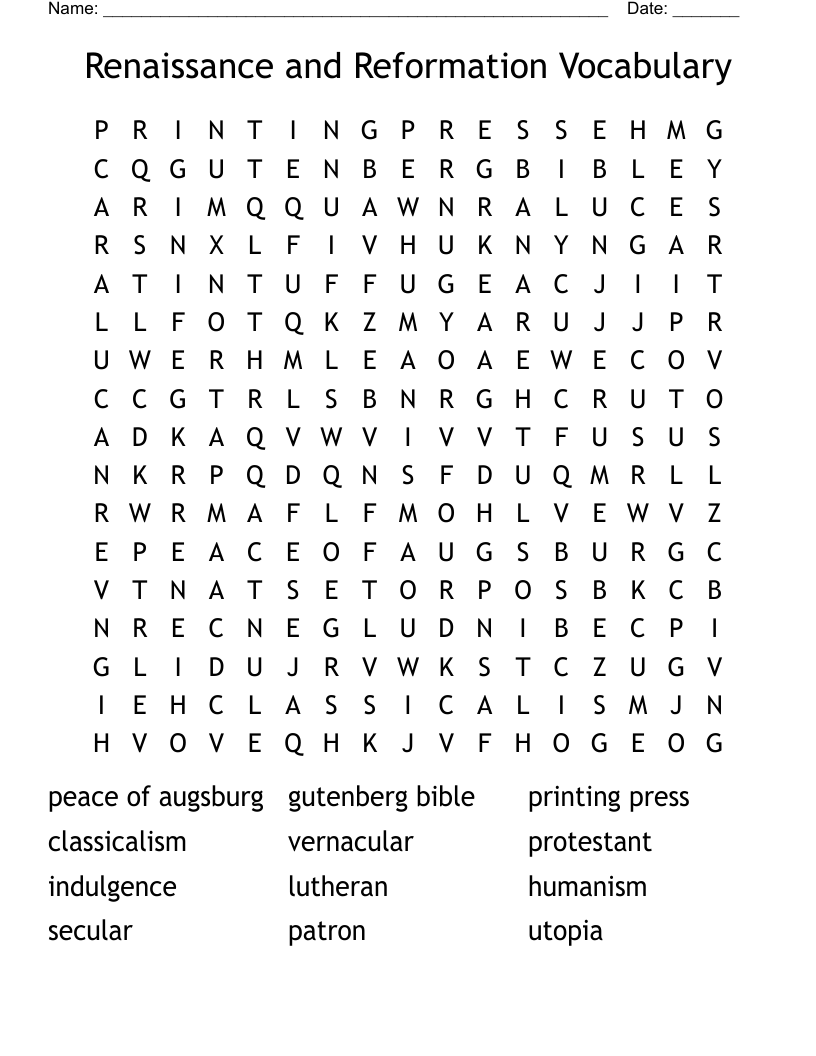 Renaissance and Reformation Vocabulary Word Search