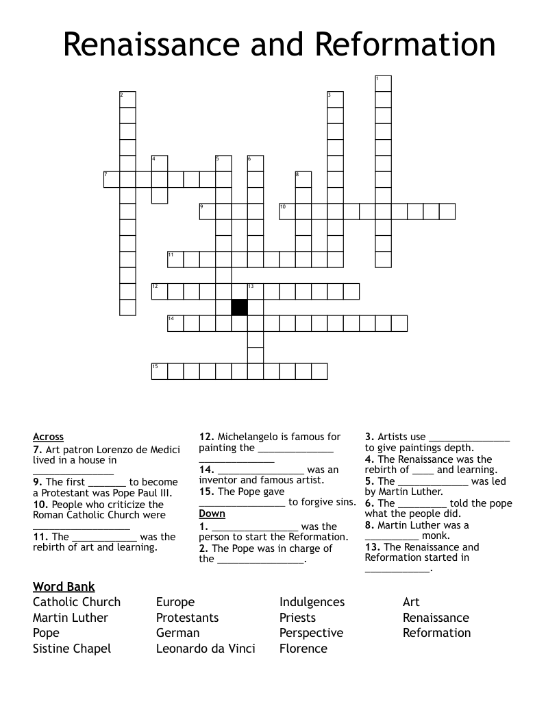Renaissance and Reformation  Crossword