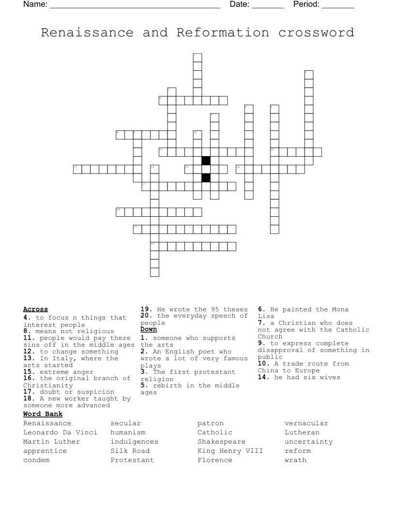 Renaissance and Reformation crossword