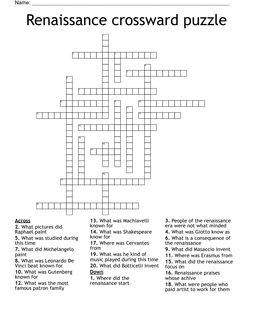 Renaissance crossward puzzle Crossword