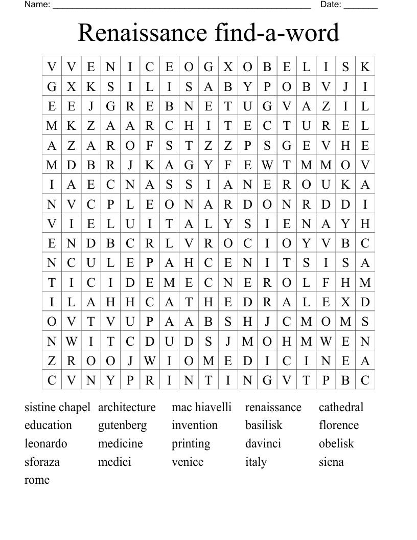 Renaissance find-a-word Word Search