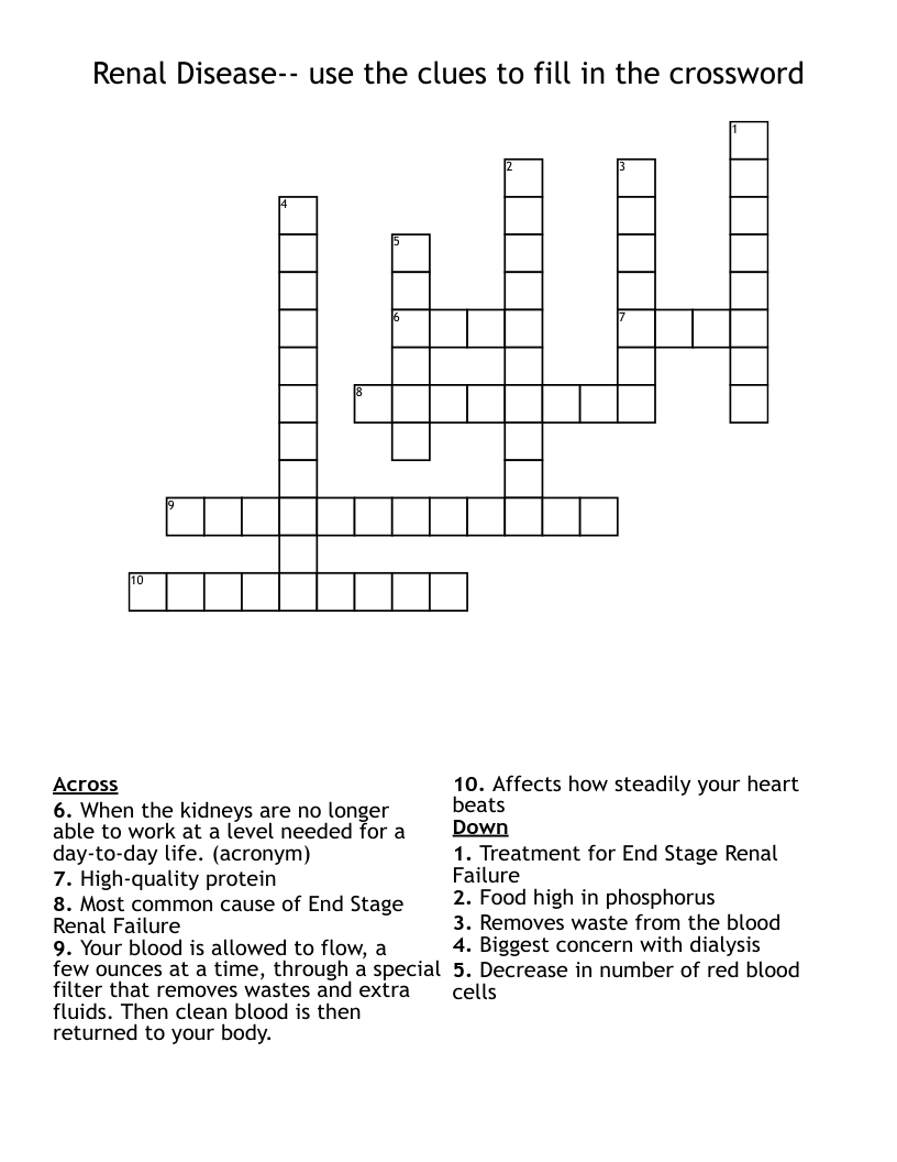 Renal Disease-- use the clues to fill in the crossword