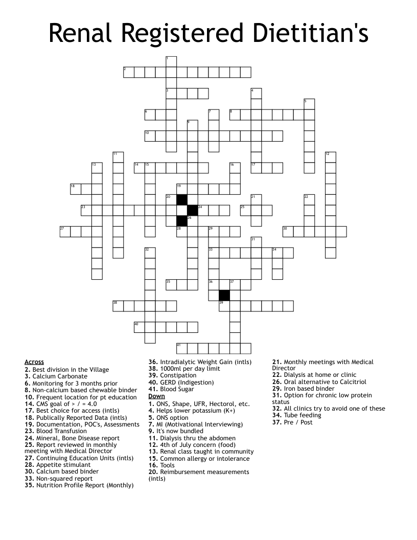 Renal Registered Dietitian's Crossword