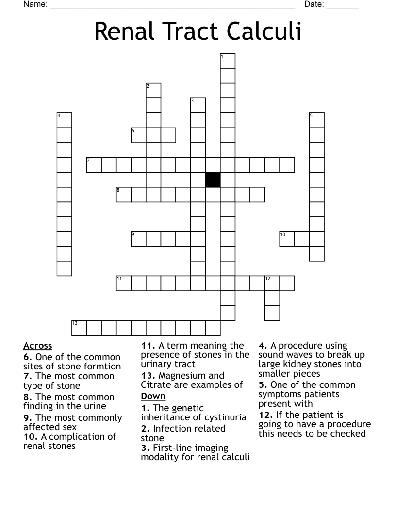 Renal Tract Calculi Crossword
