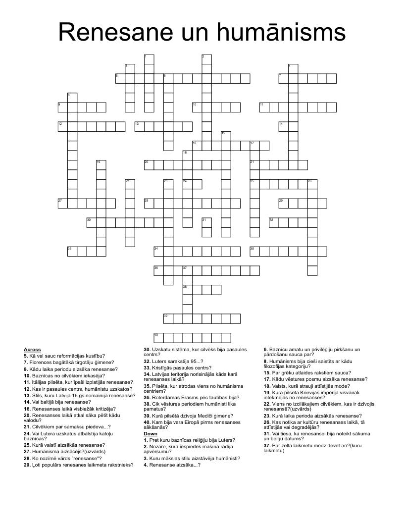 Renesane un humānisms Crossword