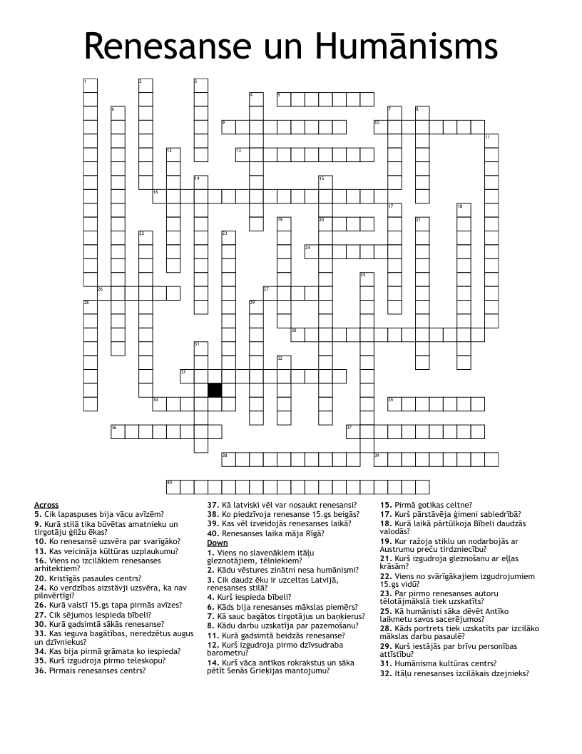 Renesanse un Humānisms Crossword