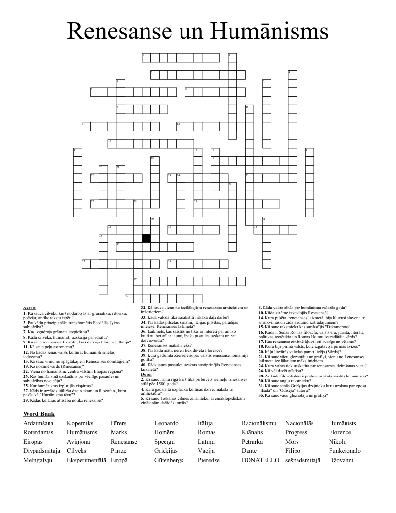 Renesanse un Humānisms Crossword