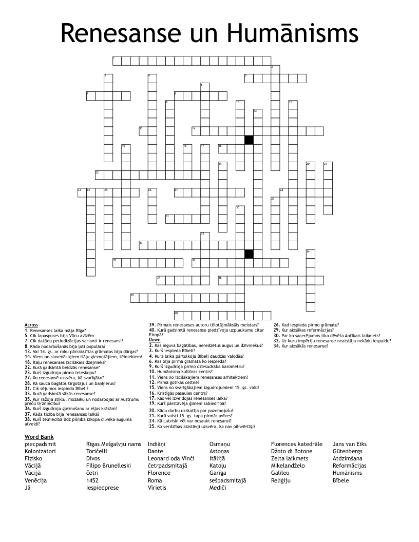 Renesanse un Humānisms Crossword