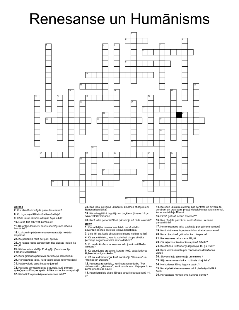 Renesanse un Humānisms Crossword