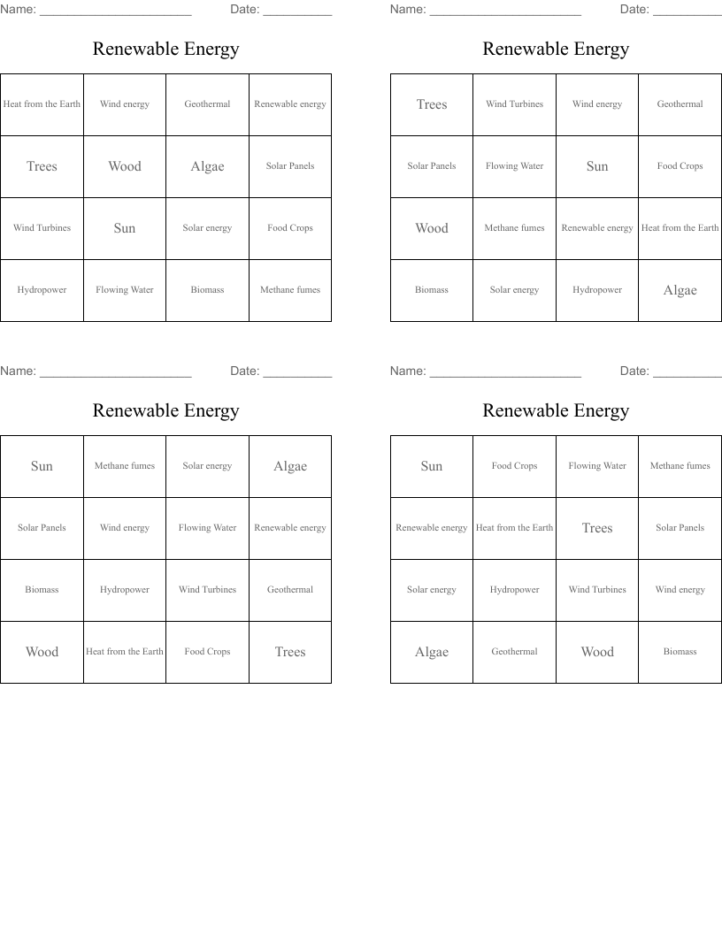 Renewable Energy Bingo Cards