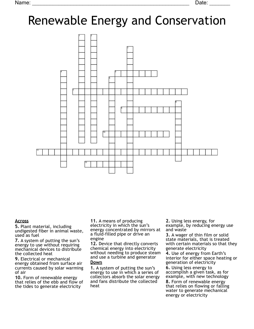 Renewable Energy and Conservation  Crossword