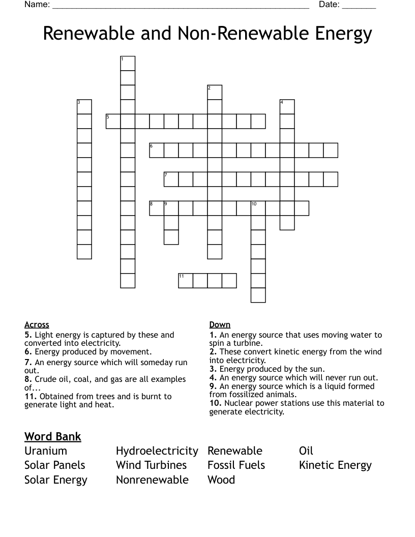 Renewable and Non-Renewable Energy Crossword