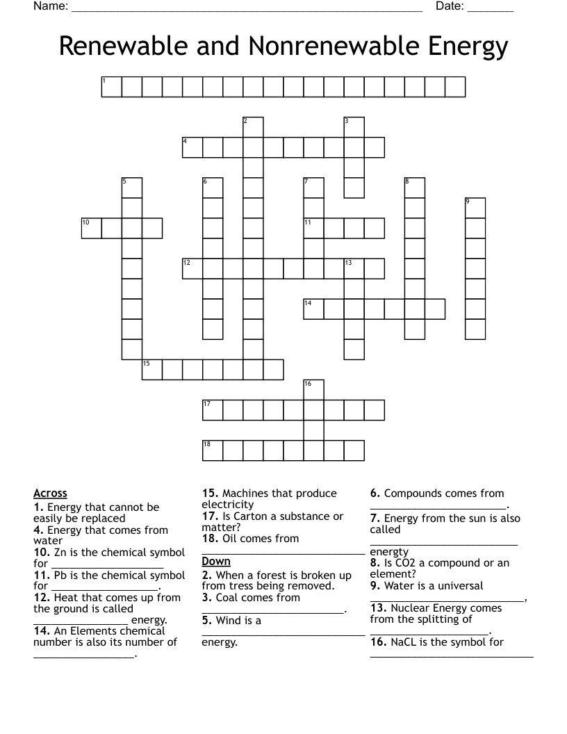 Renewable and Nonrenewable Energy Crossword