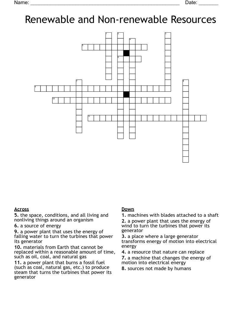 Renewable and Non-renewable Resources Crossword