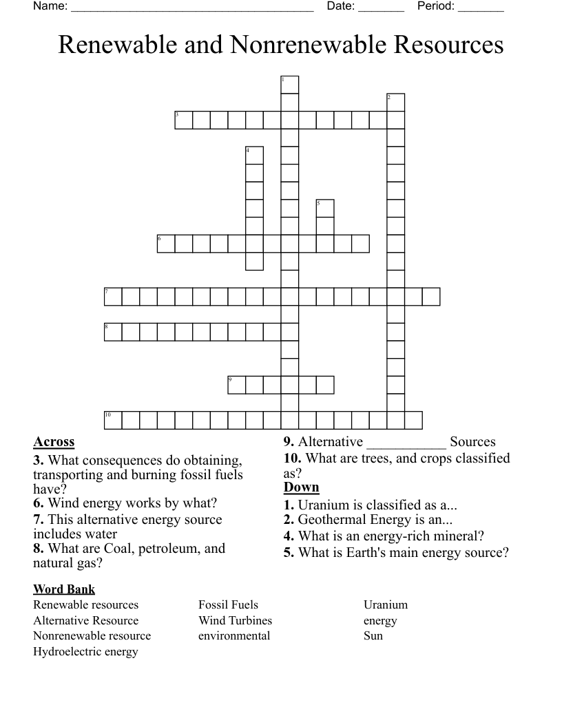 Renewable and Nonrenewable Resources Crossword