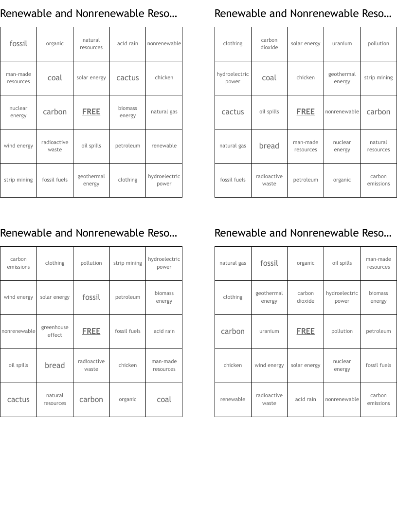 Renewable and Nonrenewable Resources Bingo Cards