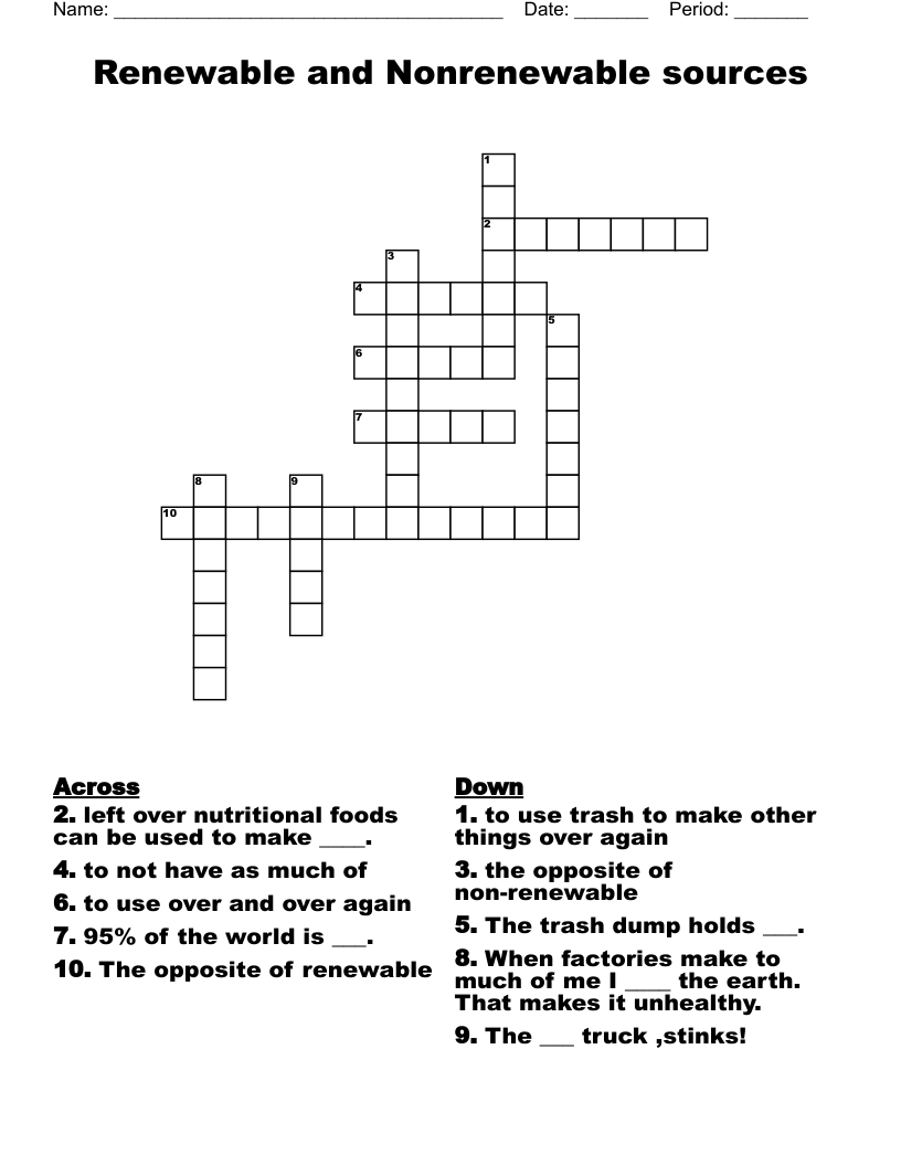 Renewable and Nonrenewable sources Crossword