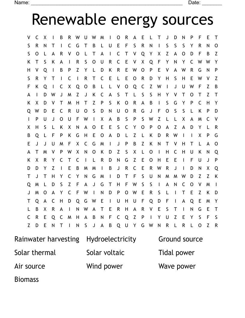 Renewable energy sources Word Search