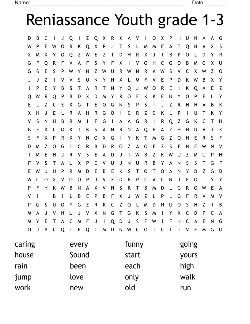 Reniassance Youth grade 1-3 Word Search