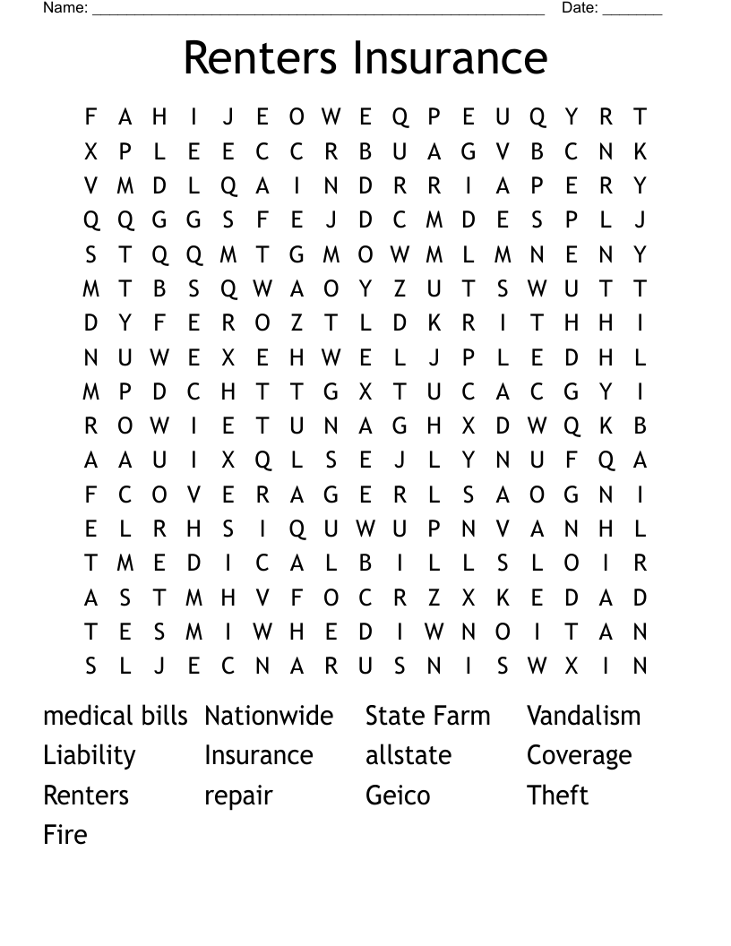 Renters Insurance Word Search