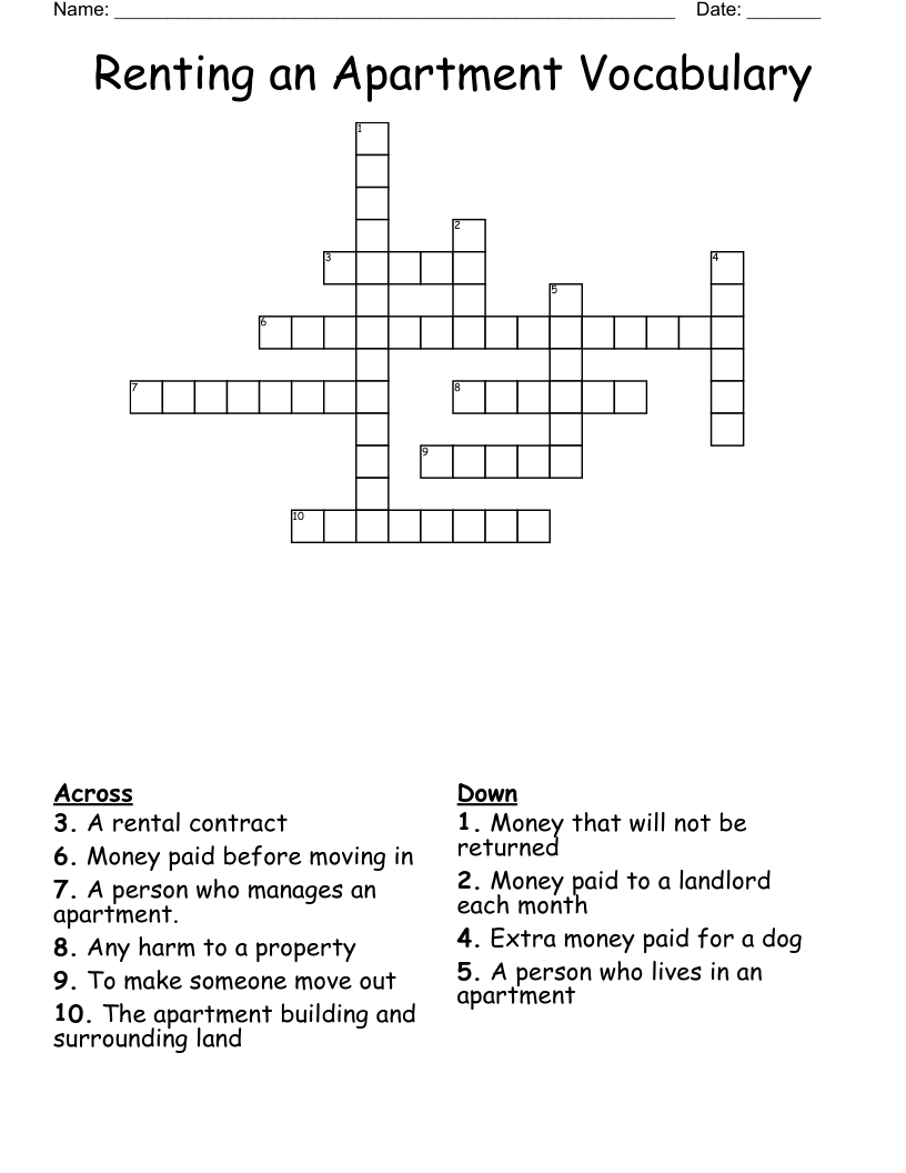 Renting an Apartment Vocabulary Crossword