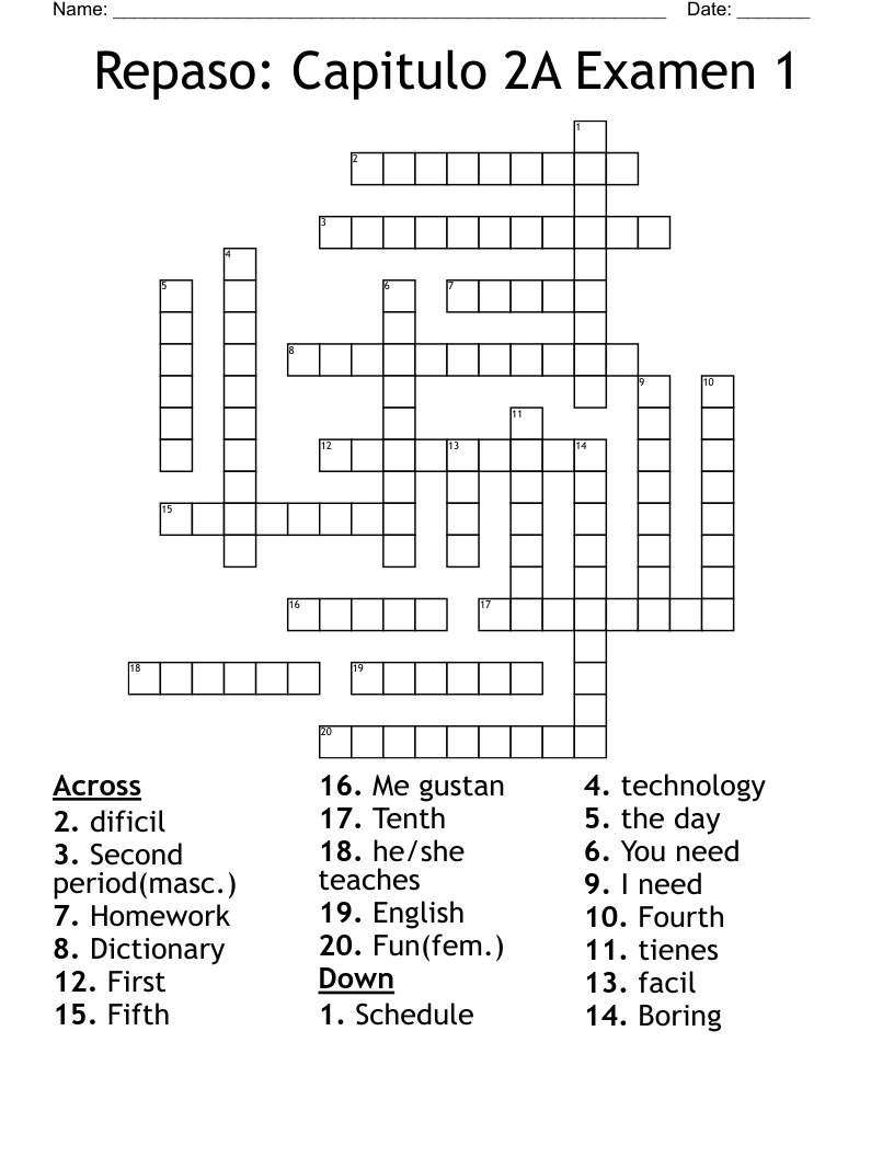 Repaso: Capitulo 2A Examen 1 Crossword
