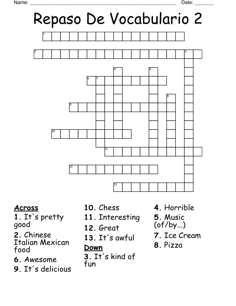 Repaso De Vocabulario 2 Crossword