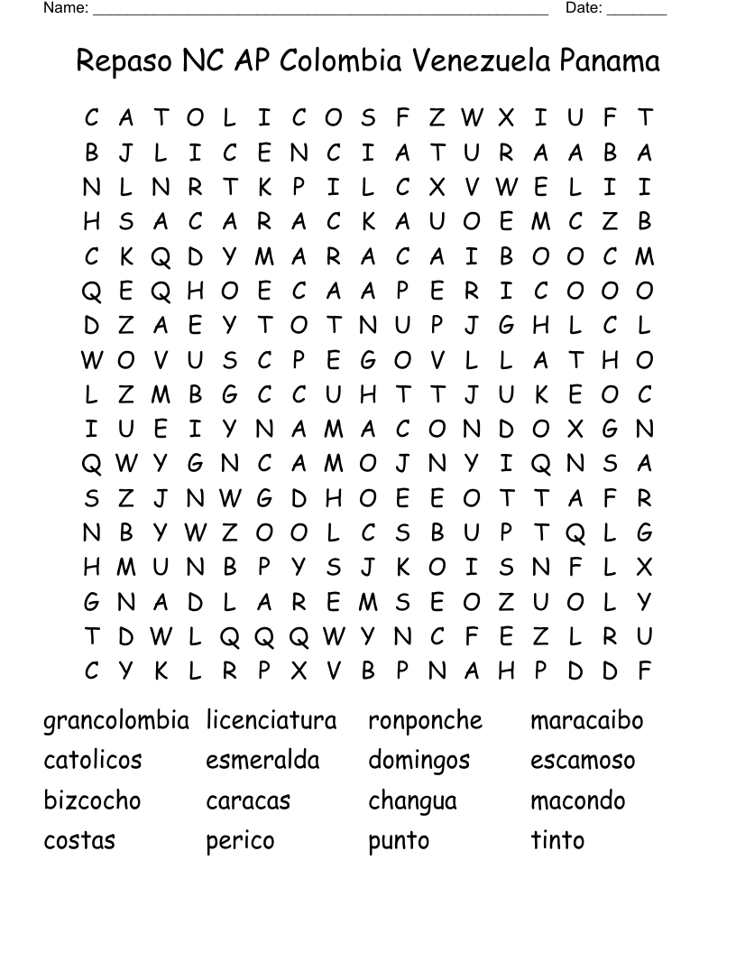 Repaso NC AP Colombia Venezuela Panama Word Search