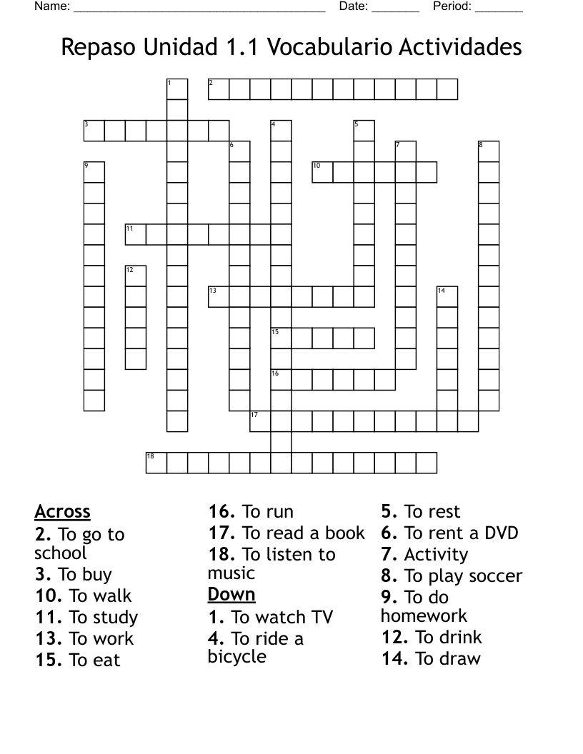 Repaso Unidad 1.1 Vocabulario Actividades Crossword