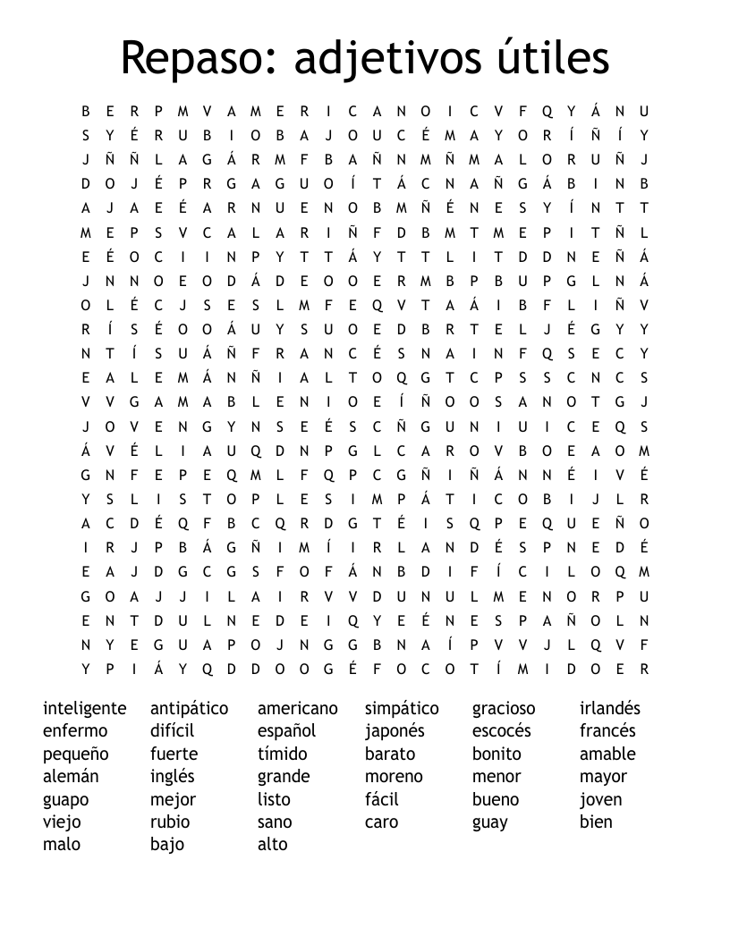 Repaso: adjetivos útiles Word Search