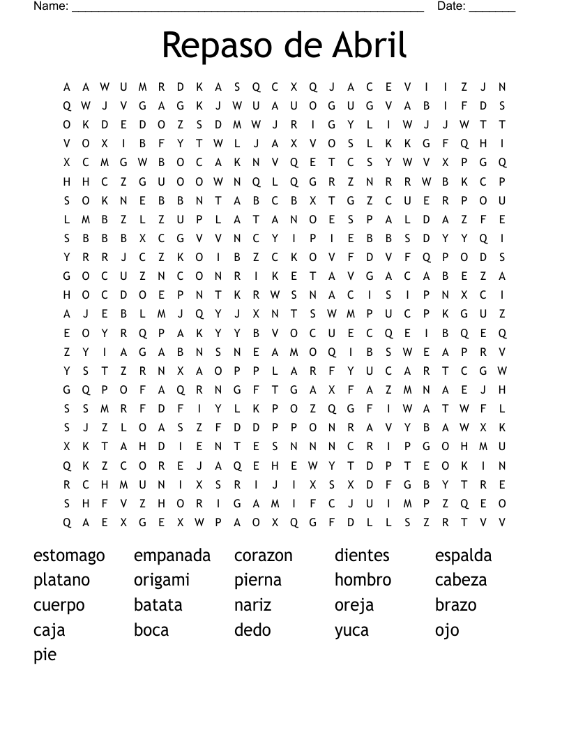 Repaso de Abril Word Search