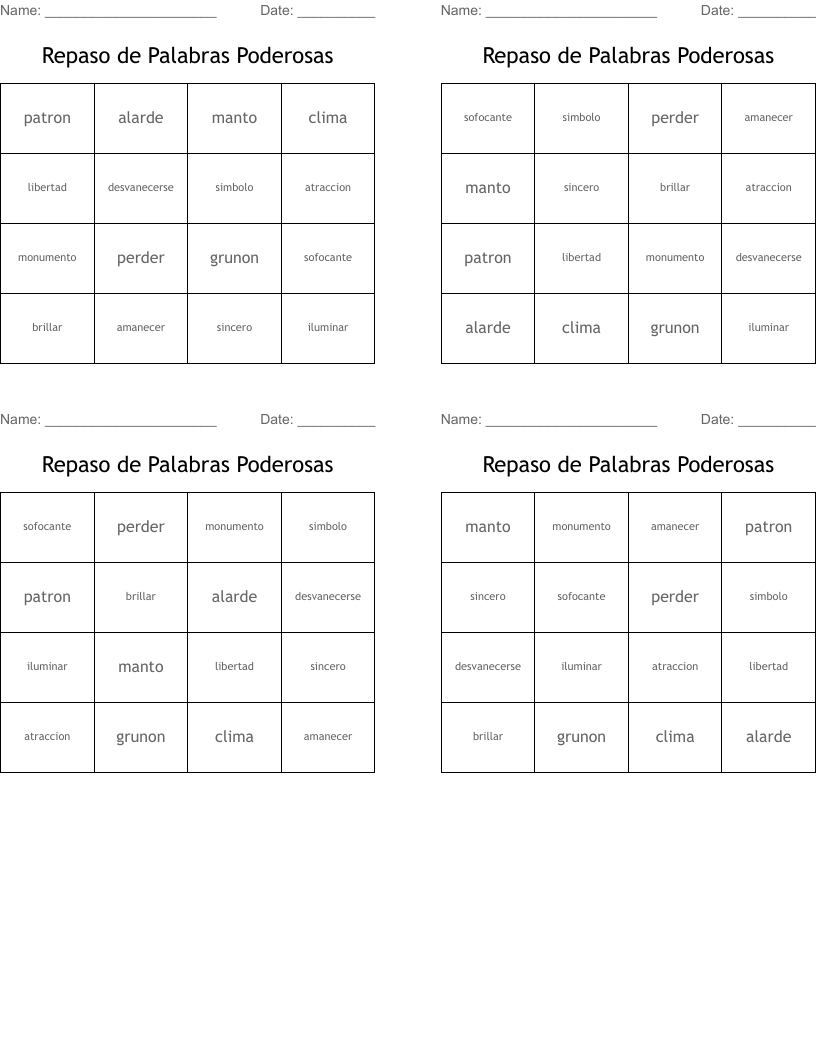 Repaso de Palabras Poderosas Bingo Cards