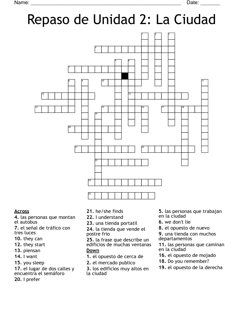 Repaso de Unidad 2:  La Ciudad Crossword
