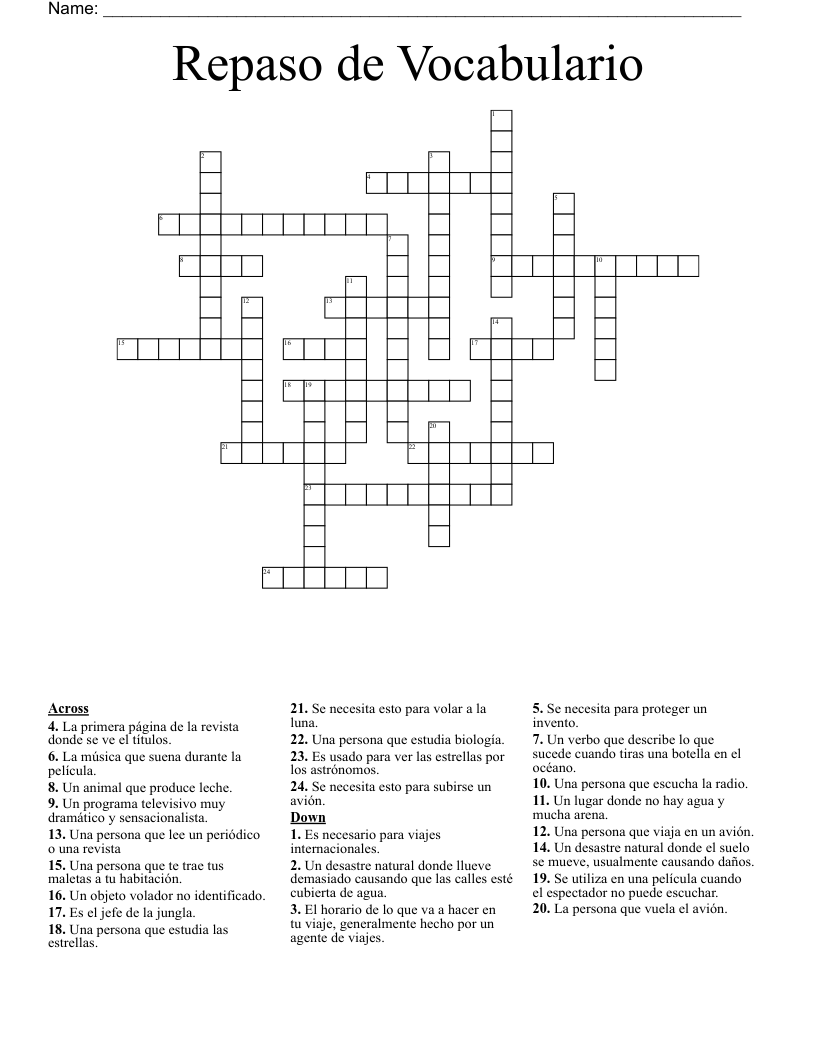 Repaso de Vocabulario Crossword