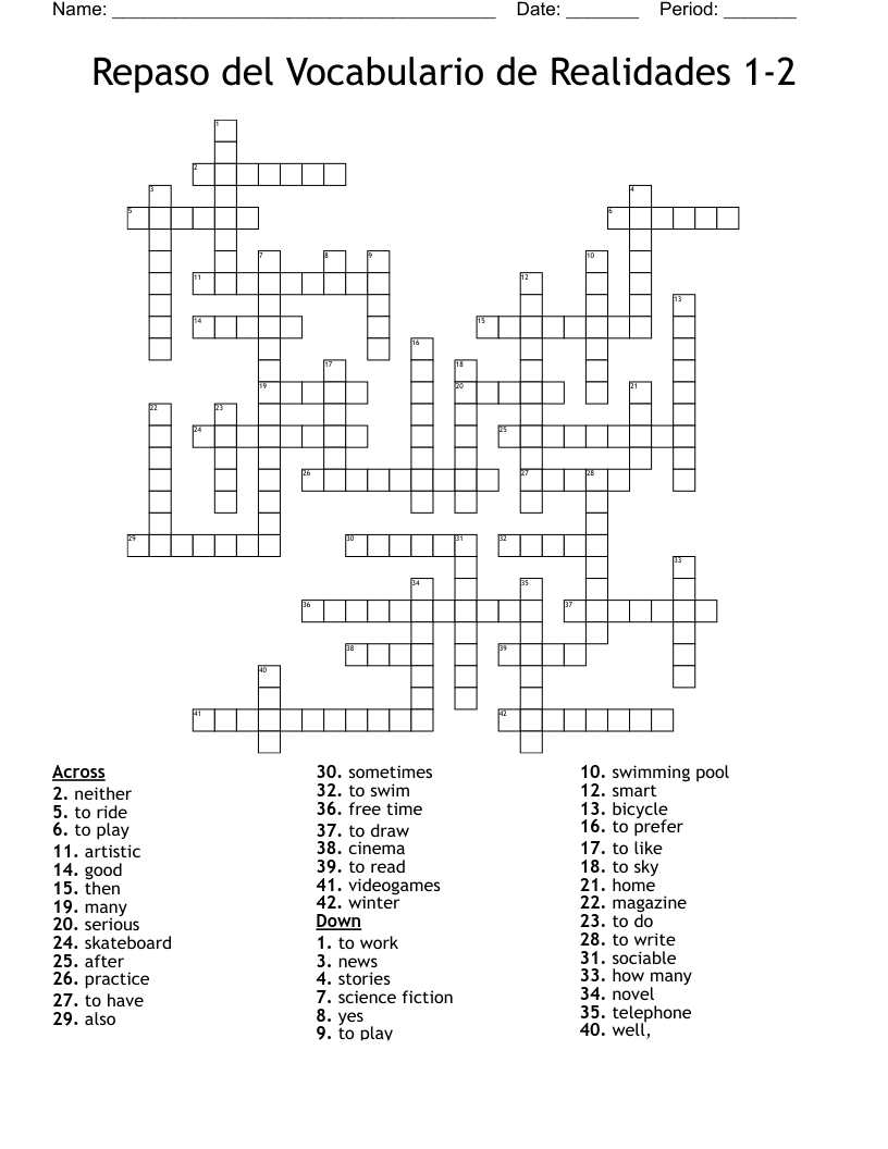 Repaso del Vocabulario de Realidades 1-2 Crossword