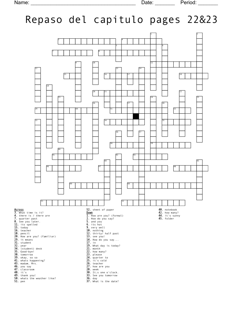 Repaso del capitulo pages 22&23 Crossword