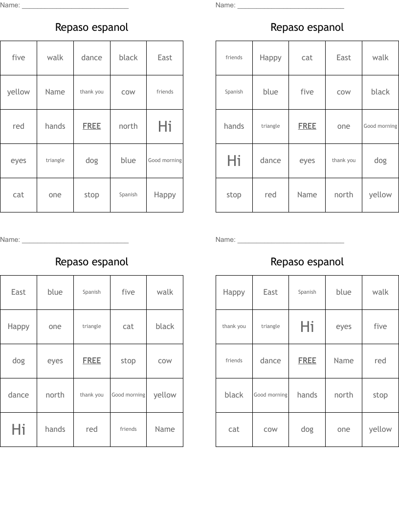 Repaso espanol Bingo Cards