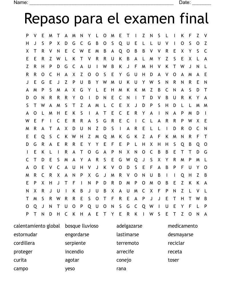 Repaso para el examen final Word Search
