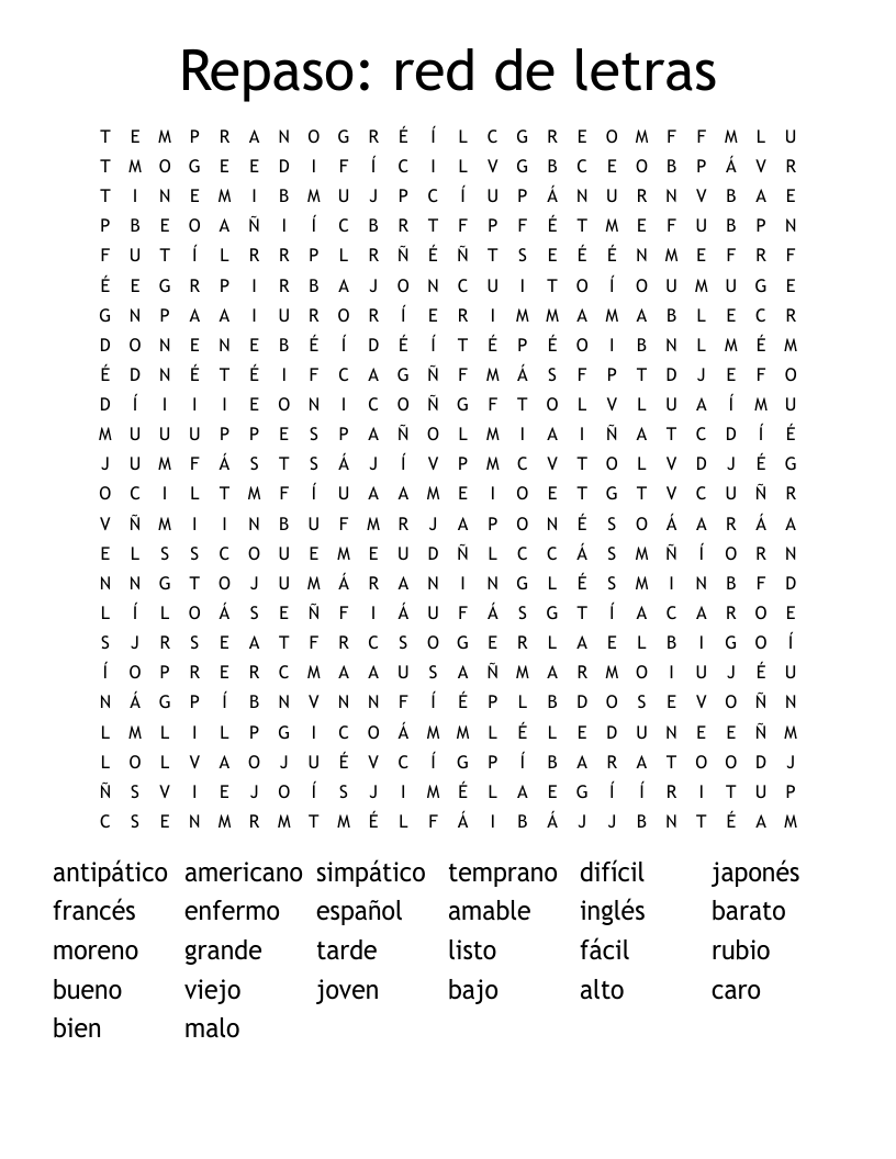 Repaso: red de letras Word Search