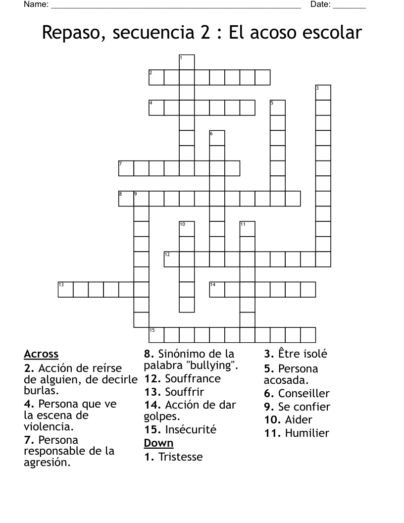 Repaso, secuencia 2 : El acoso escolar Crossword