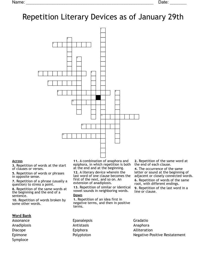 Repetition Literary Devices as of January 29th  Crossword