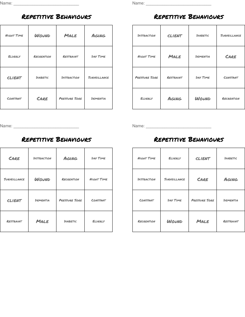 Repetitive Behaviours  Bingo Cards