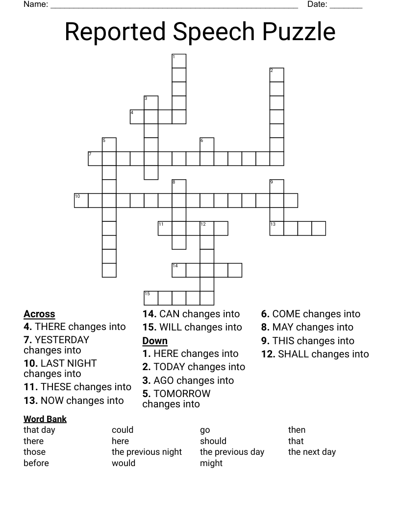 Reported  Speech  Puzzle Crossword