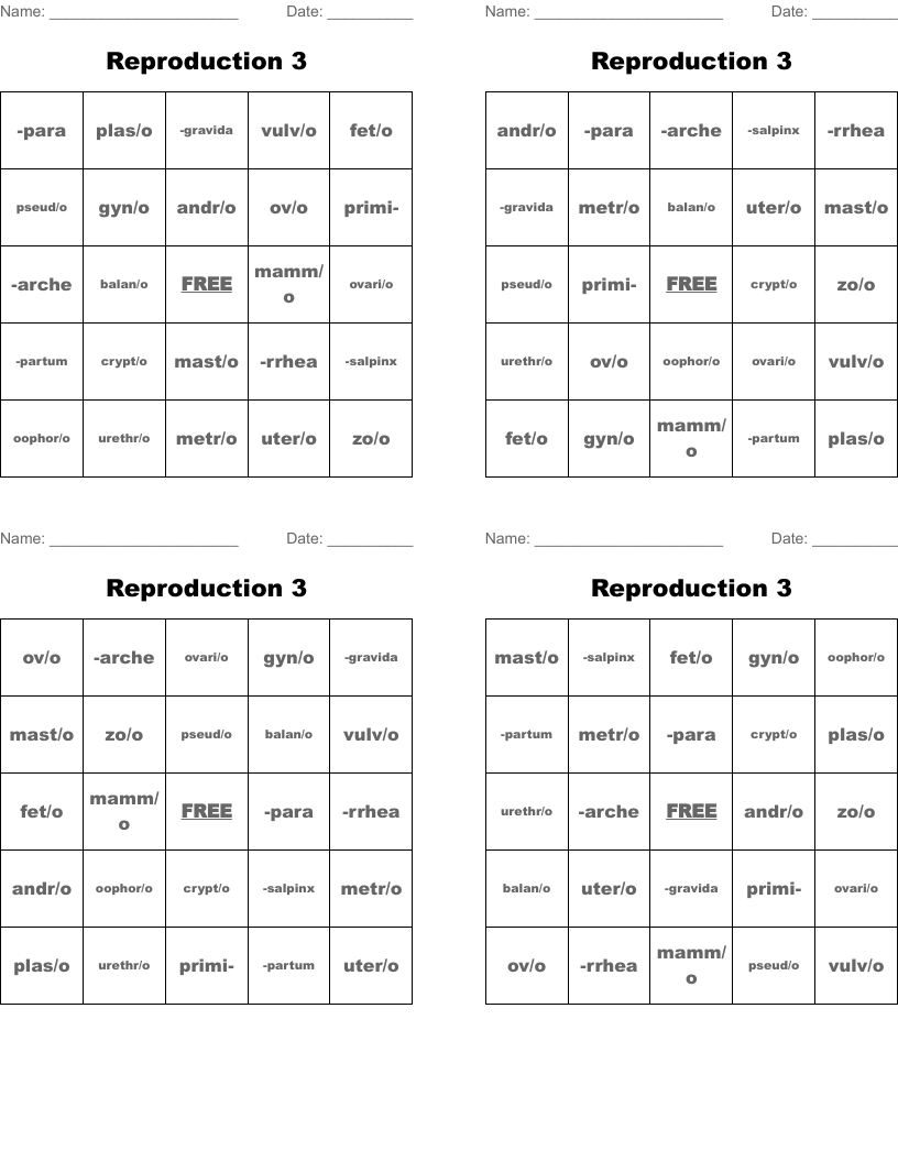 Reproduction 3 Bingo Cards