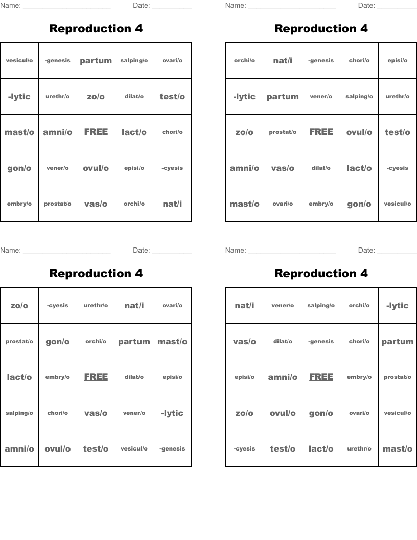 Reproduction 4 Bingo Cards