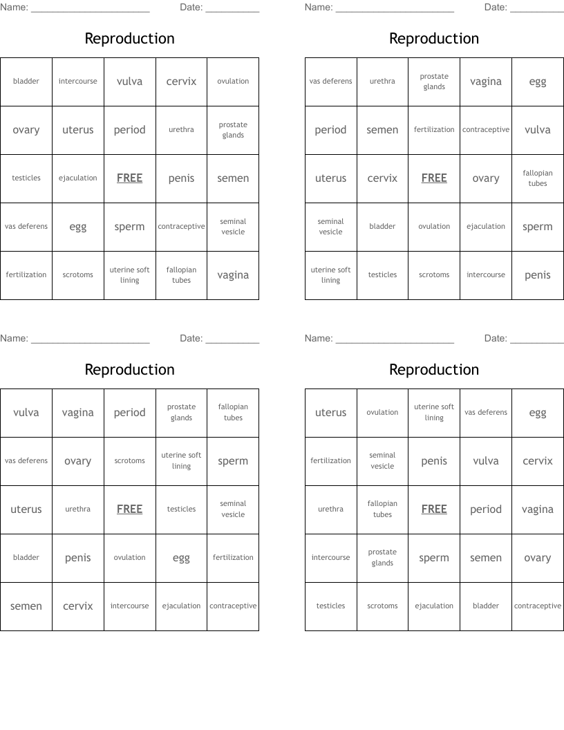 Reproduction Bingo Cards