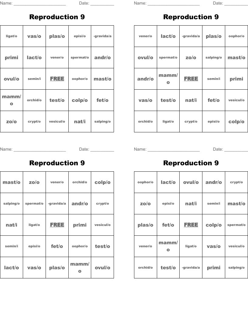 Reproduction 9 Bingo Cards